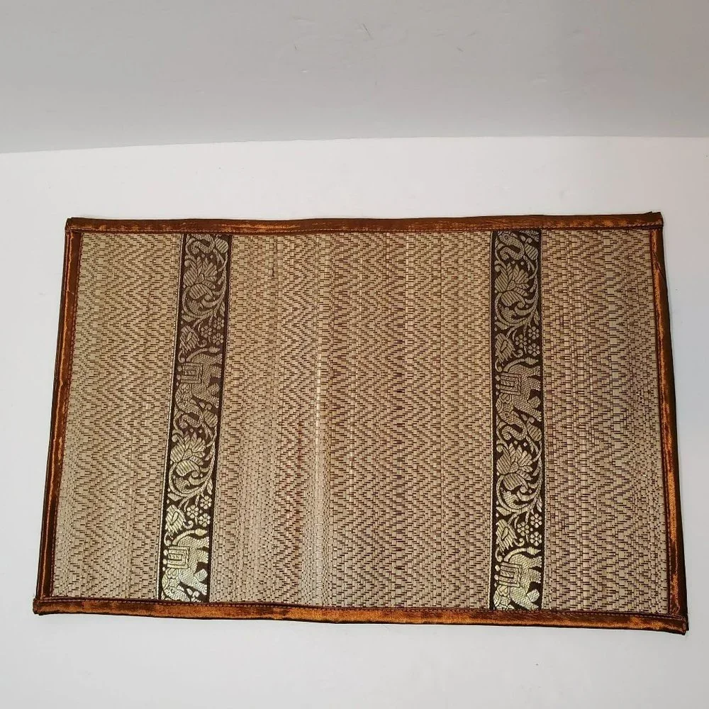 Silk Trim Reed Placemat Coaster Set, Set of 12, Bronze Elephant Boho Table Mats